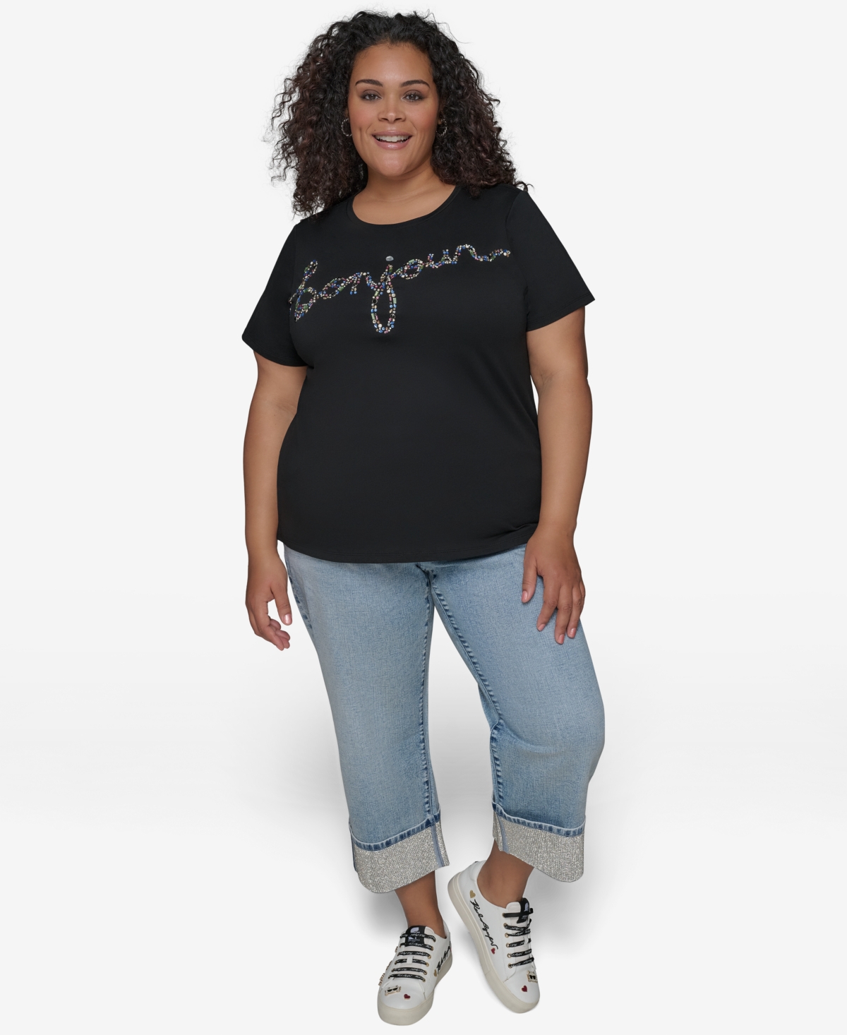 Karl Lagerfeld Plus Size Embellished Bonjour T-shirt In Black