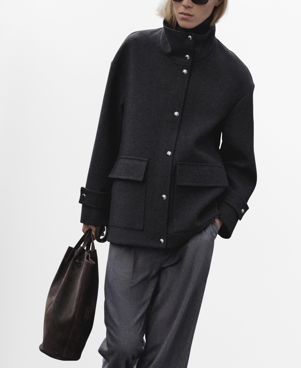 Mango Women's Turtleneck Wool Coat In Medium Heather Gray