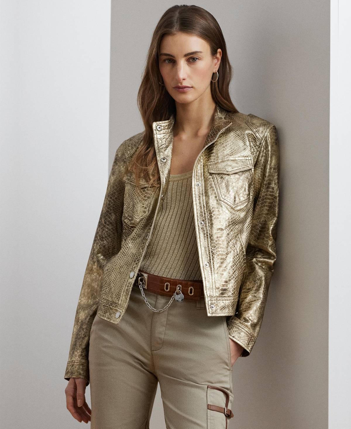 RALPH LAUREN WOMEN'S METALLIC EMBOSSED LAMBSKIN MOTO JACKET 