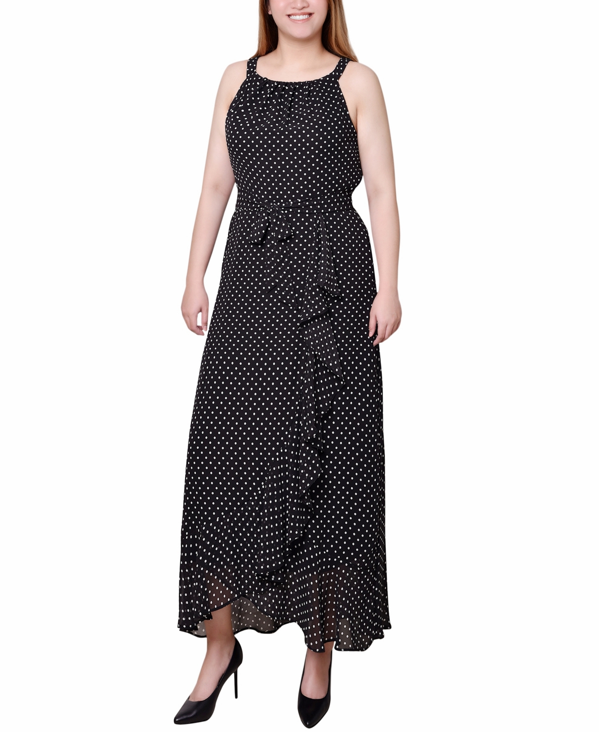 Ny Collection Petite Halter Front Chiffon Maxi Dress In Black Ivory Dot