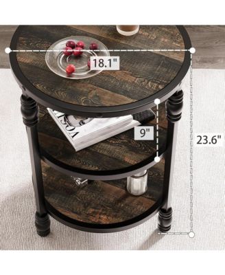 Round End Table, Small Accent Table with 3 Tier Storage Shelves, Farmhouse Wood Side Table, Metal Frame Industrial Night Stand for Living Room, Bedroom, Small Spaces