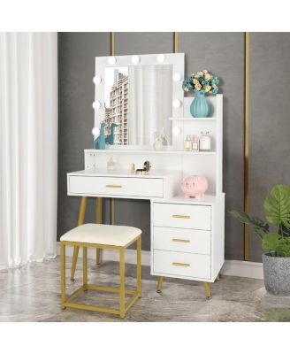 Large Vanity Set with 9 LED Bulbs, Makeup Table with Cushioned Stool, 3 Storage Shelves & 4 Drawers