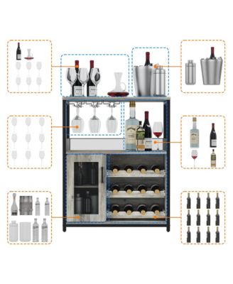 3-Tier Wine Bar Cabinet with LED Lights, Detachable Wine Rack and Storage Space,Grey