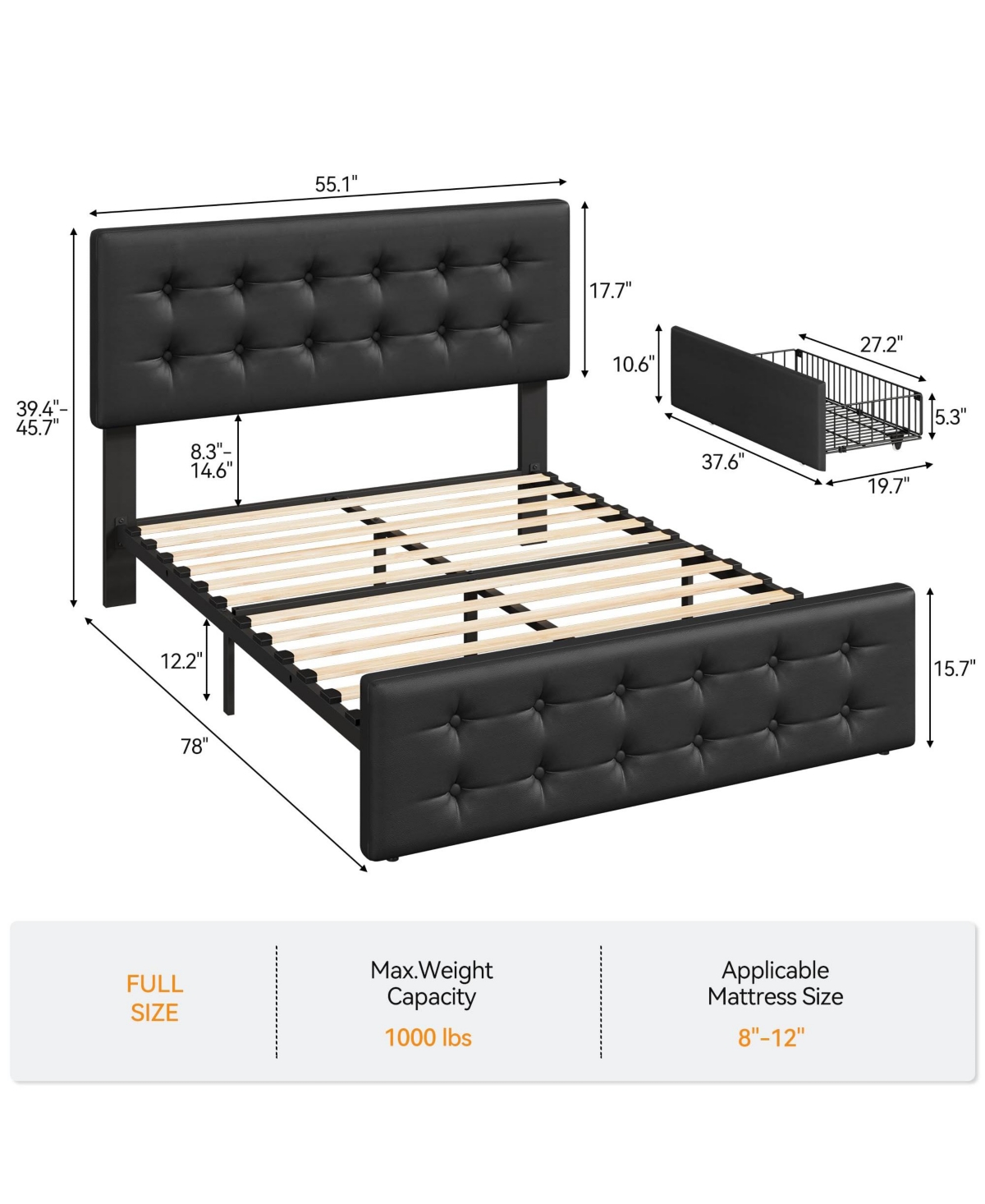 gaomon Full Bed Frame with Headboard and 4 Storage Drawers, Platform Bed Frame Square Stitched Button Tufted