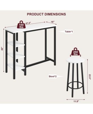 Bar Table and Stools for 2 with 3 Storage Shelves, Modern White Faux Marble Table with 2 PU Cushion Bar Stools