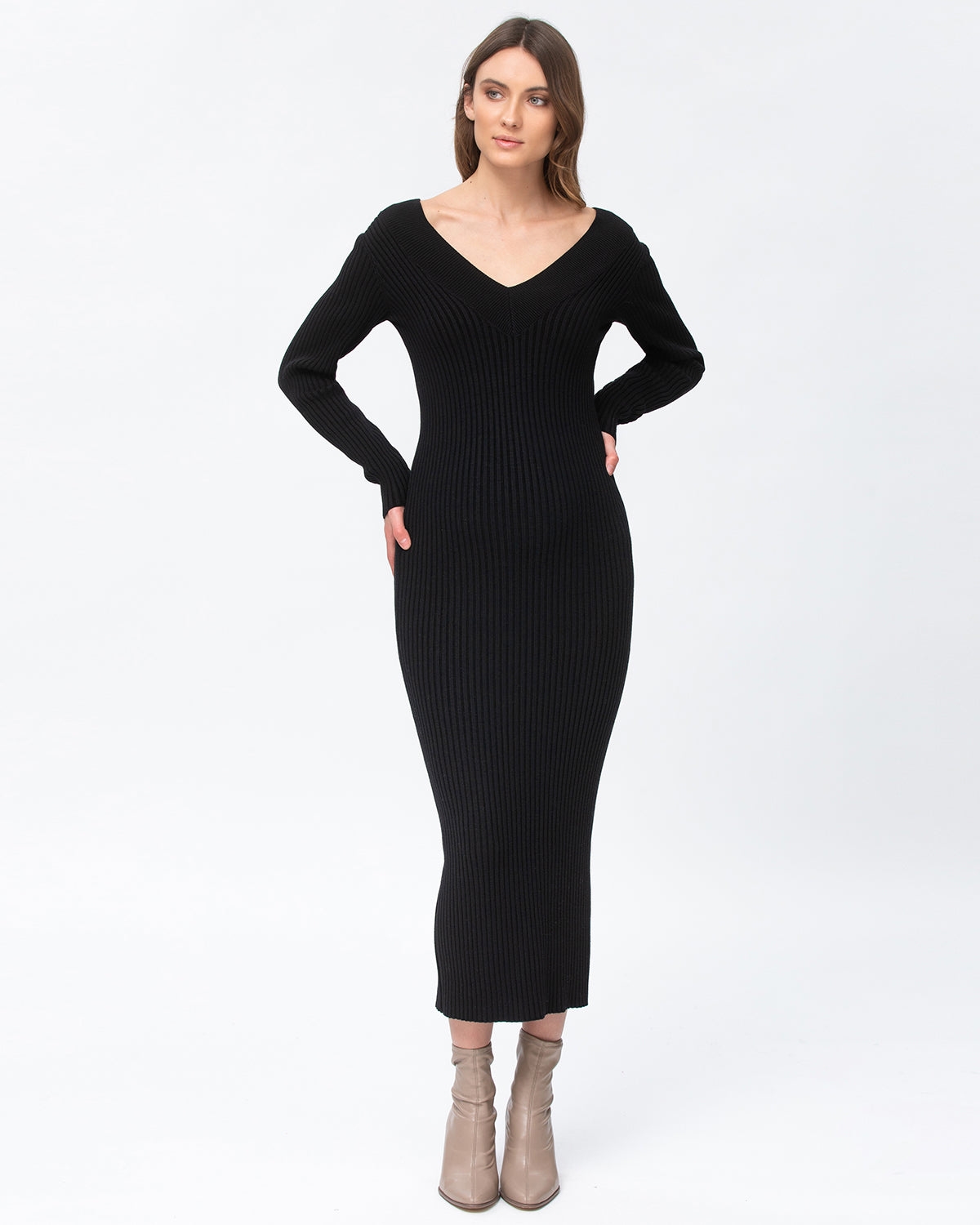 Pietro Brunelli Maternity Maternity Long Sleeve Rib Knit Body-con Dress Cara In Black
