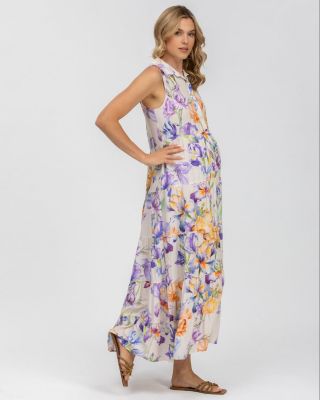 Maternity Collared Maxi Clara Dress with Ruffles