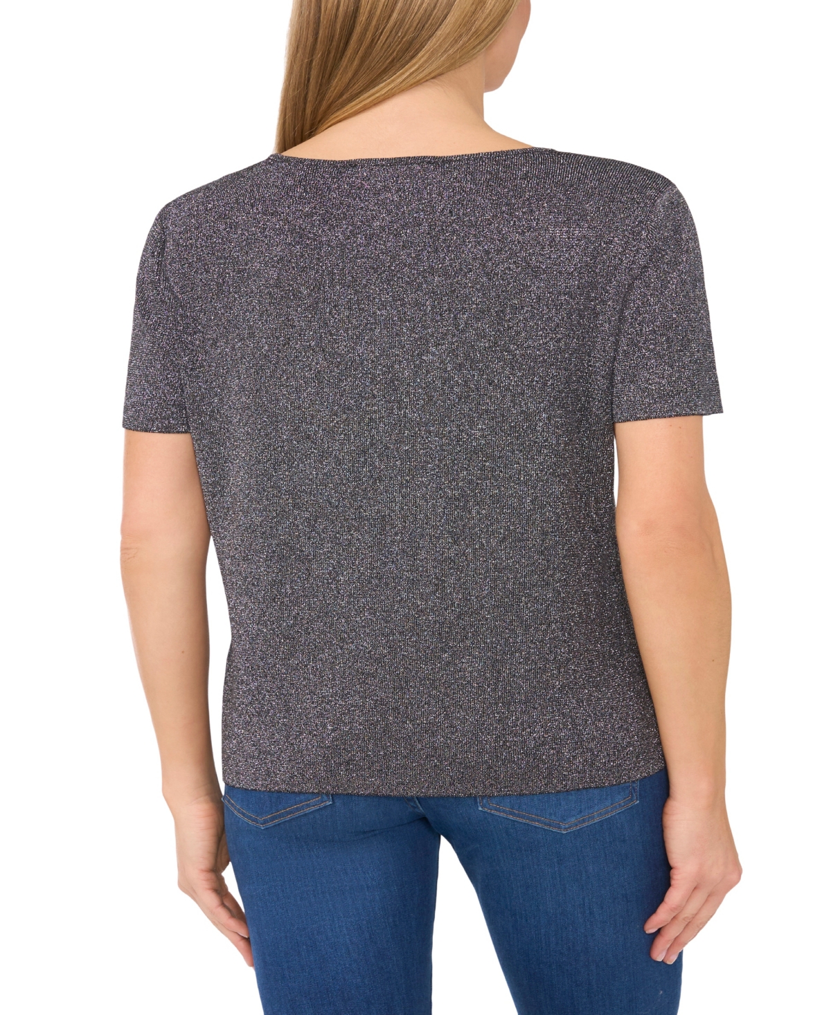 Cece Metallic Sparkle Short Sleeve Sweater In Midnight Black