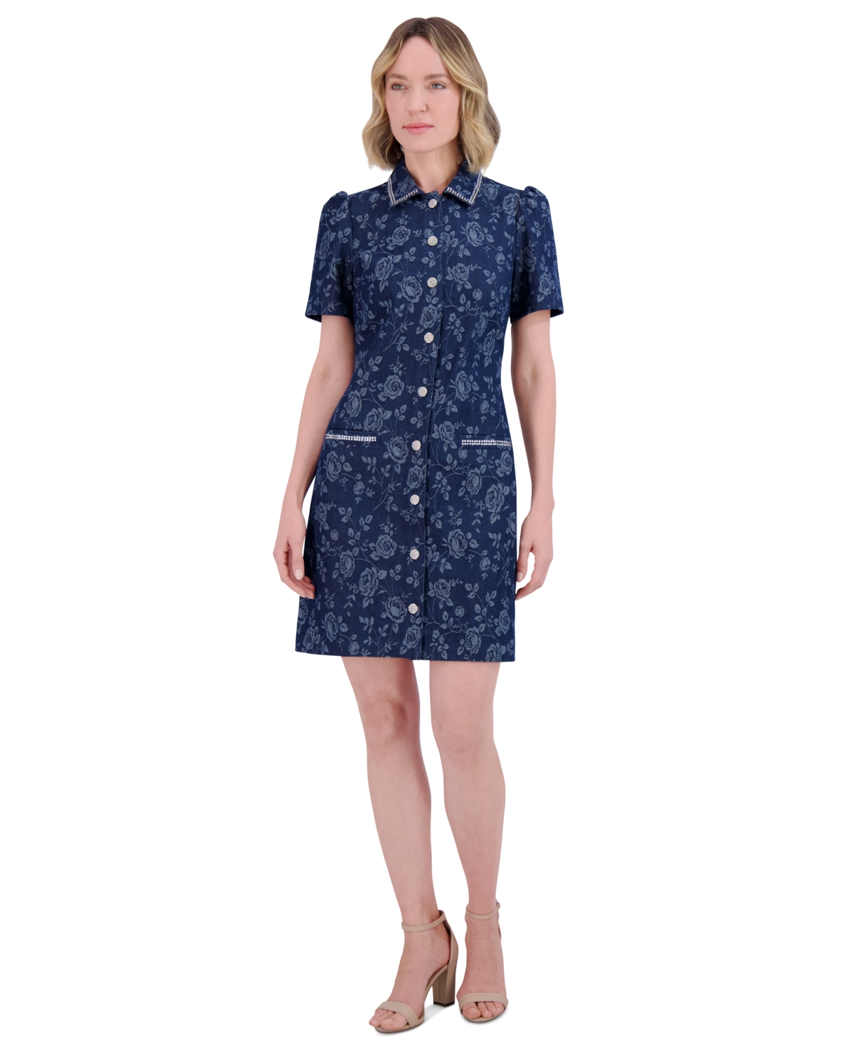 Shop Eliza J Women's Floral Rhinestone-trim Collared Denim Shirtdress