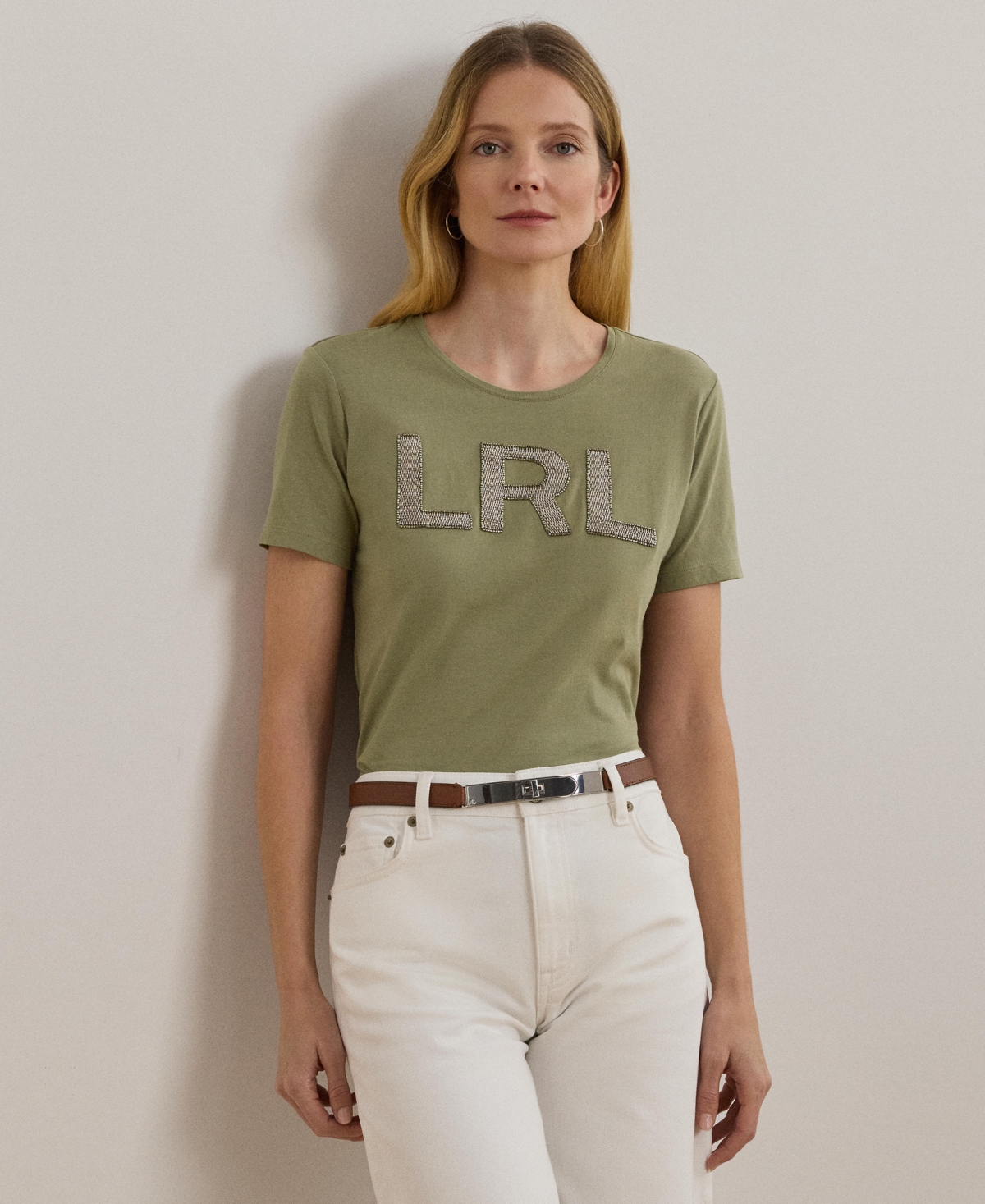 RALPH LAUREN WOMEN'S BEADED-LOGO COTTON JERSEY TEE 