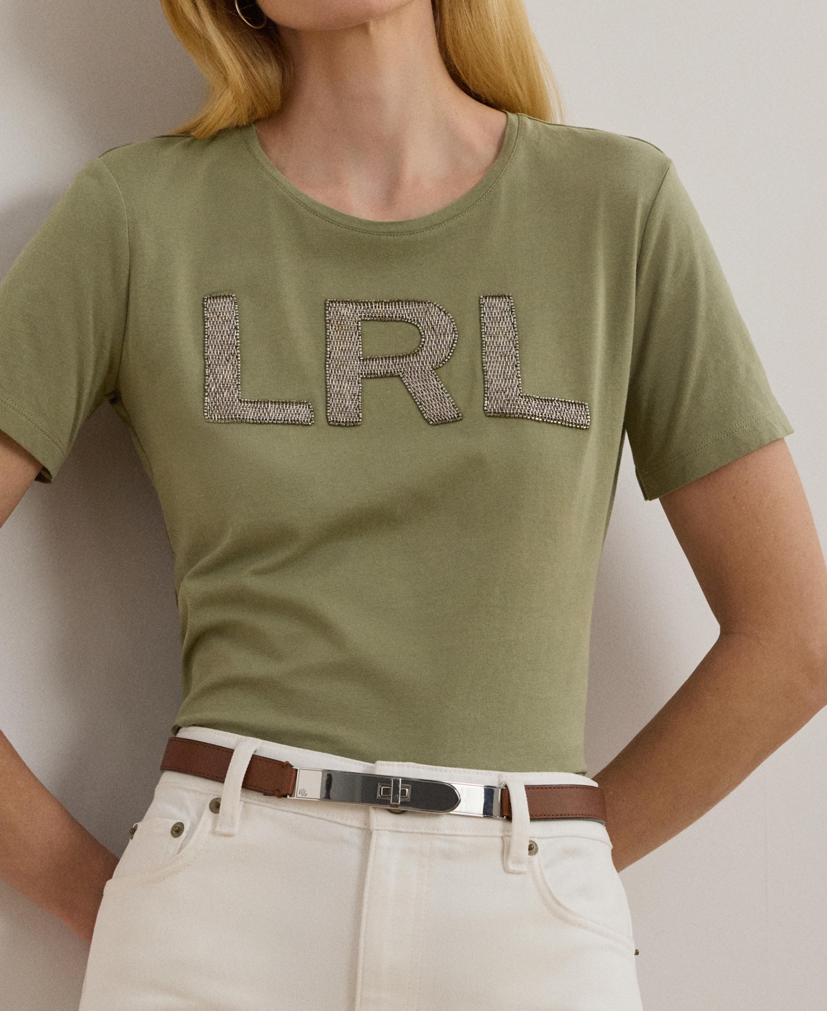 RALPH LAUREN WOMEN'S BEADED-LOGO COTTON JERSEY TEE 