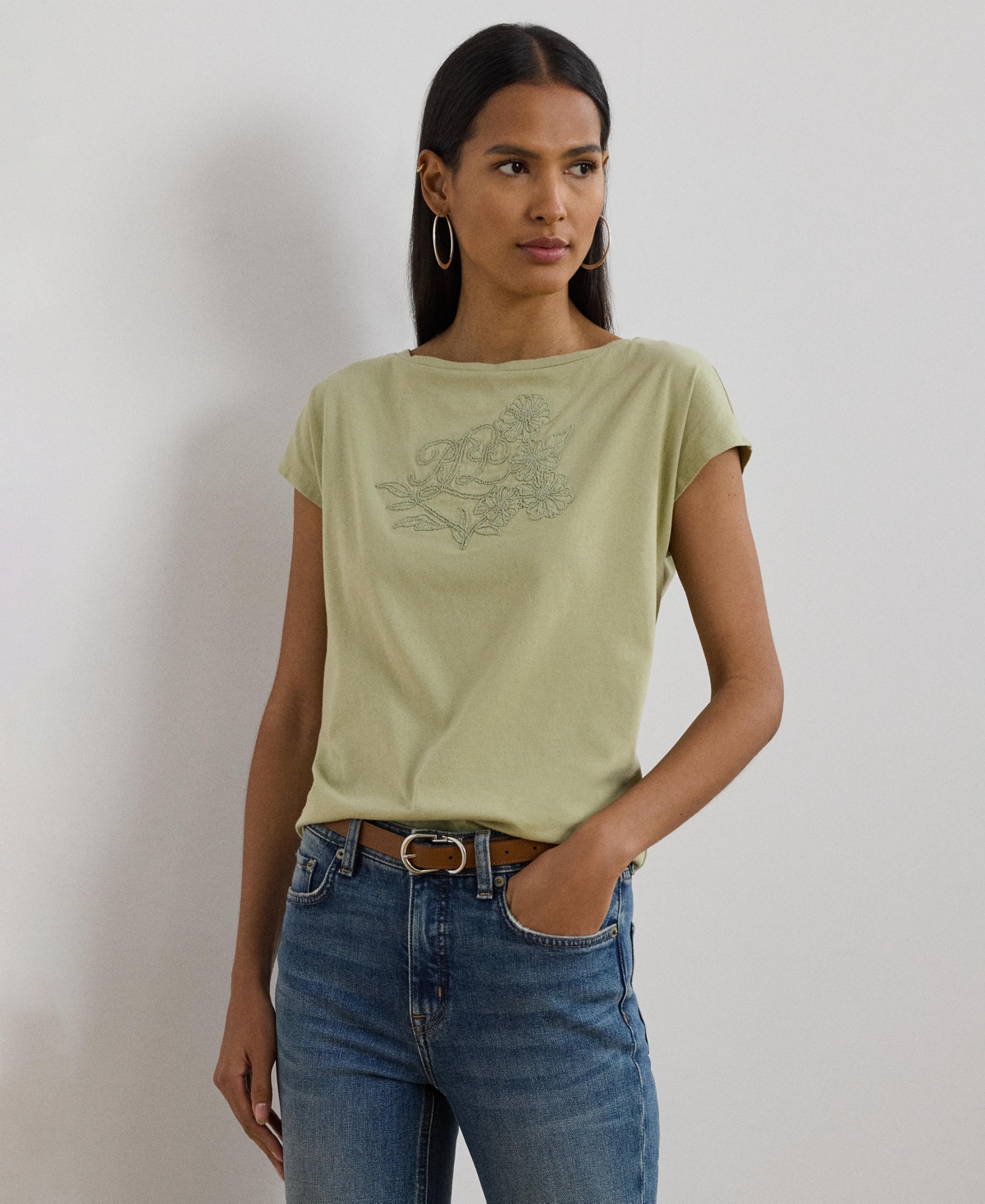 Women's Embroidered Jersey Tee - Light Olive