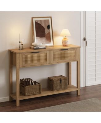 Farmhouse Entryway Table,43 Inch Wood Console Table with 2 Drawers,2 Tier Sofa Table with Storage for Living Room, Foyer Tables for Entryway-Burlywood