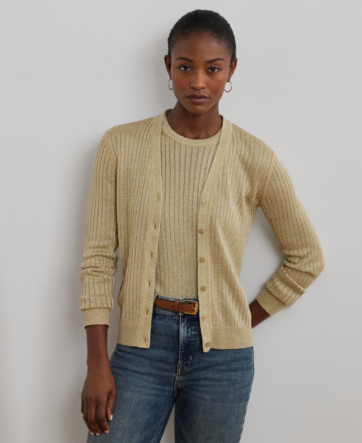 Ralph Lauren Metallic Linen-blend Rib-knit Cardigan In Mineral Gold