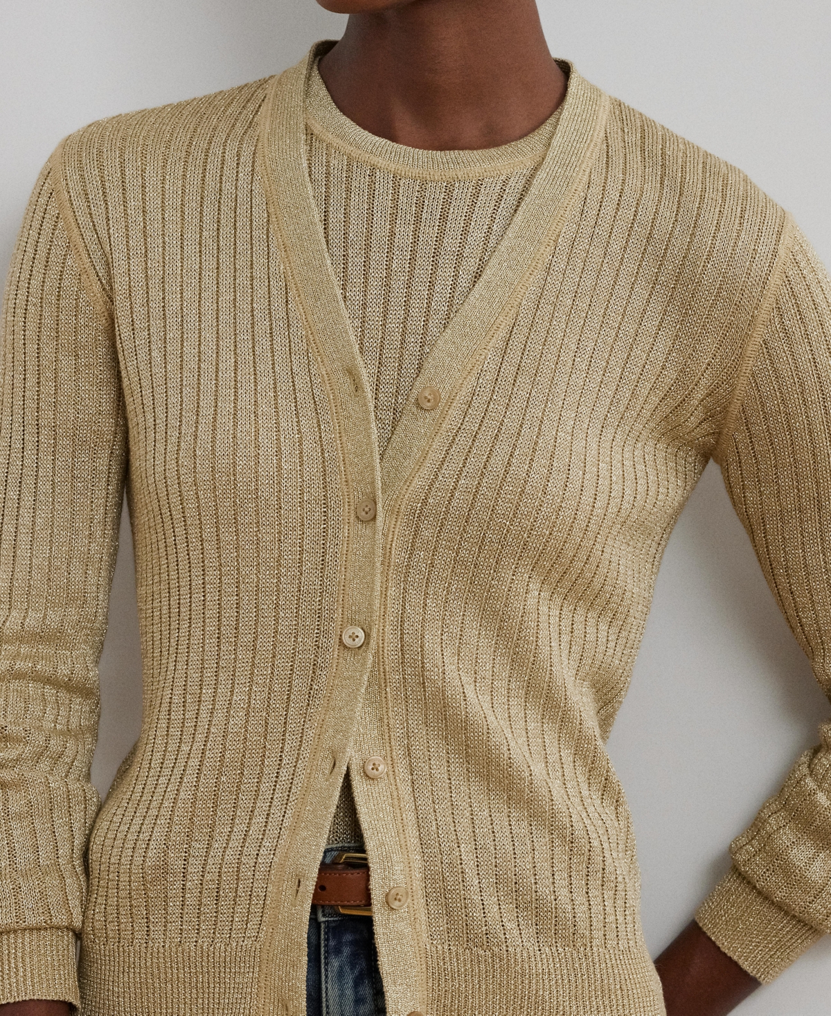 Ralph Lauren Metallic Linen-blend Rib-knit Cardigan In Mineral Gold