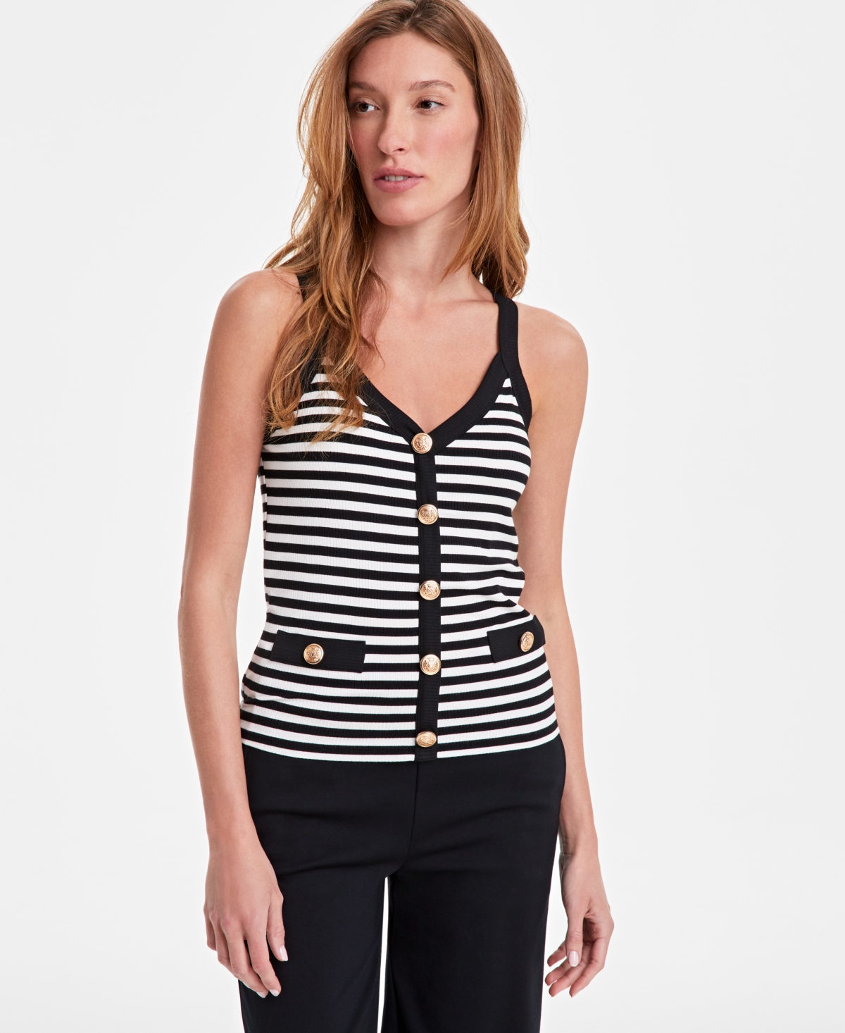 On 34th Women's Striped Knit Button Tank Top, Exclusively At Macy's In Deep Black Combo