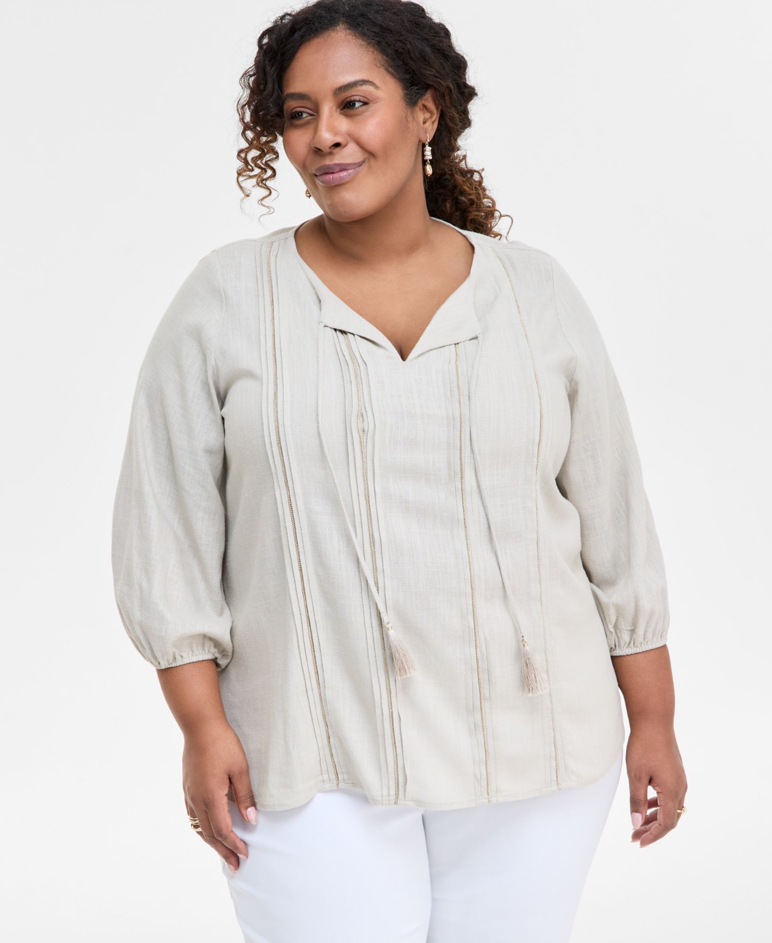 Plus Size Pleated Split-Neck Top