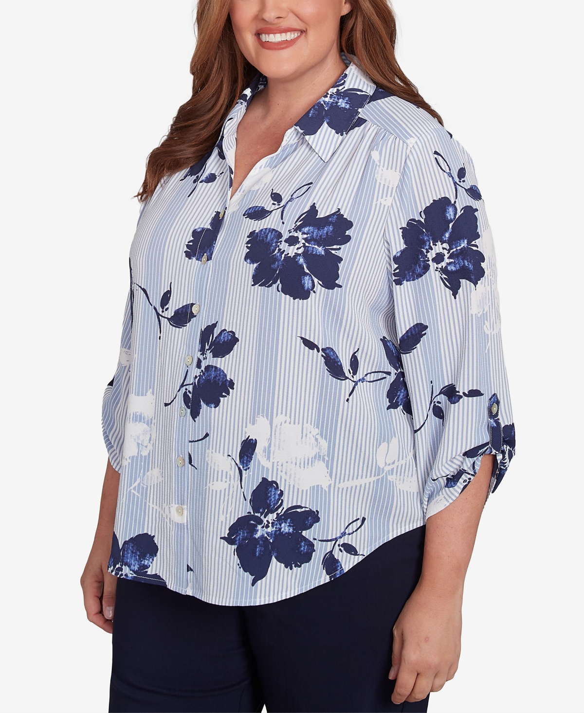 Alfred Dunner Plus Size Classic Striped Flower Button Front Tie Sleeves Blouse In Navy