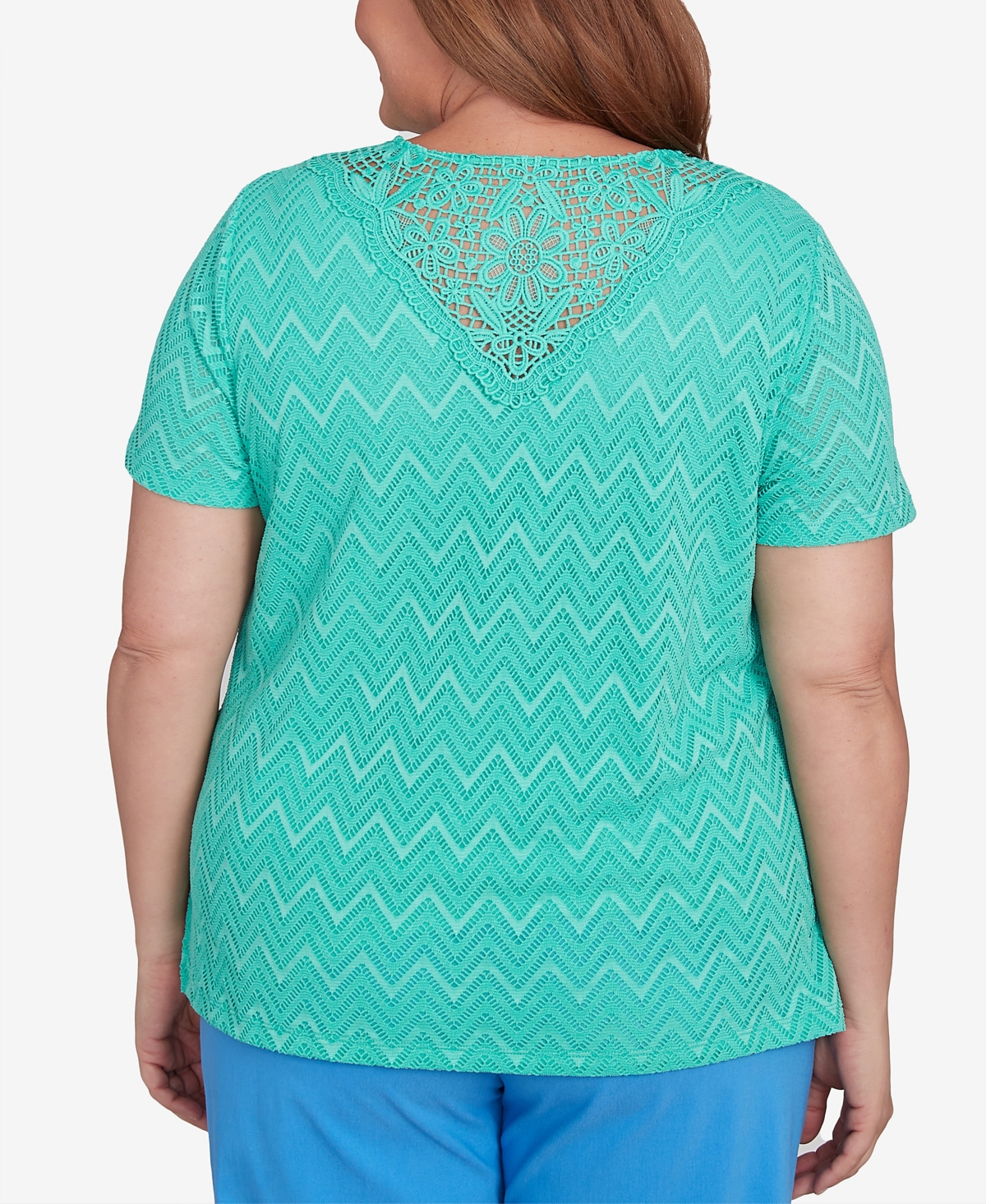 Alfred Dunner Plus Size Classic Textured Chevron Lace Back Tee In Jade