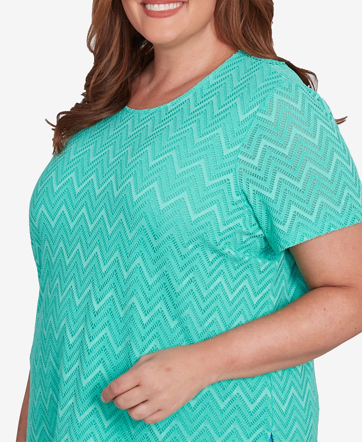 Alfred Dunner Plus Size Classic Textured Chevron Lace Back Tee In Jade