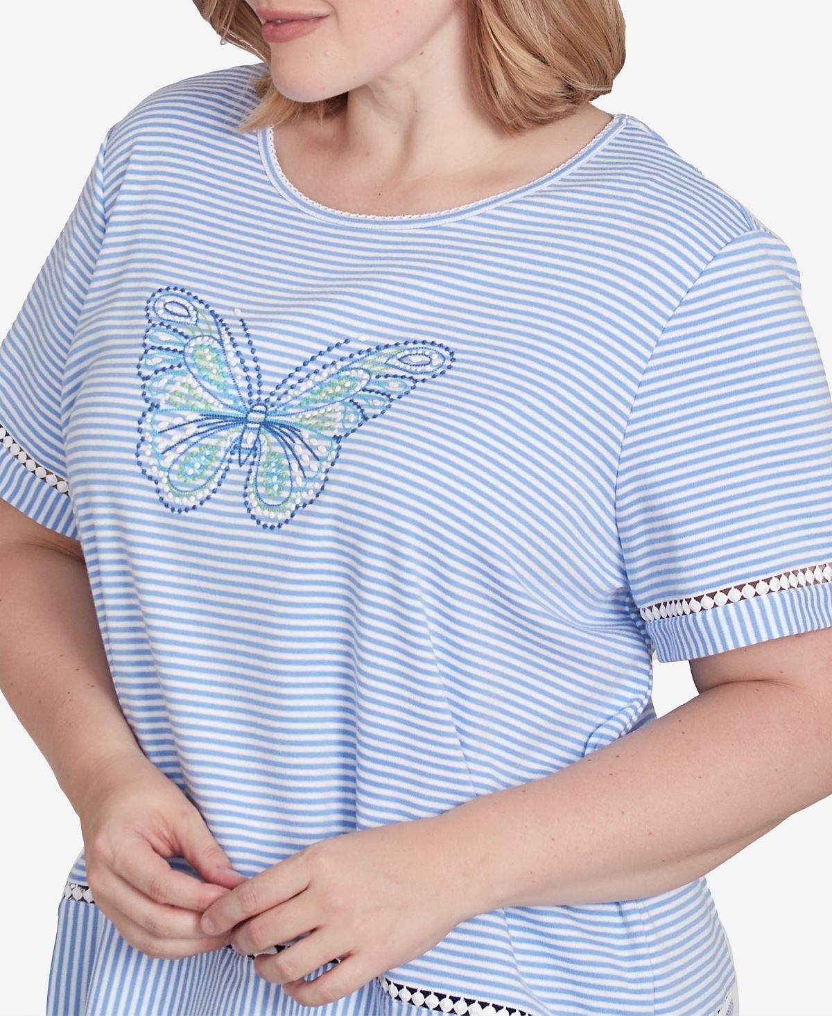 Alfred Dunner Plus Size Classic Striped Butterfly Short Sleeves Tee In Iris