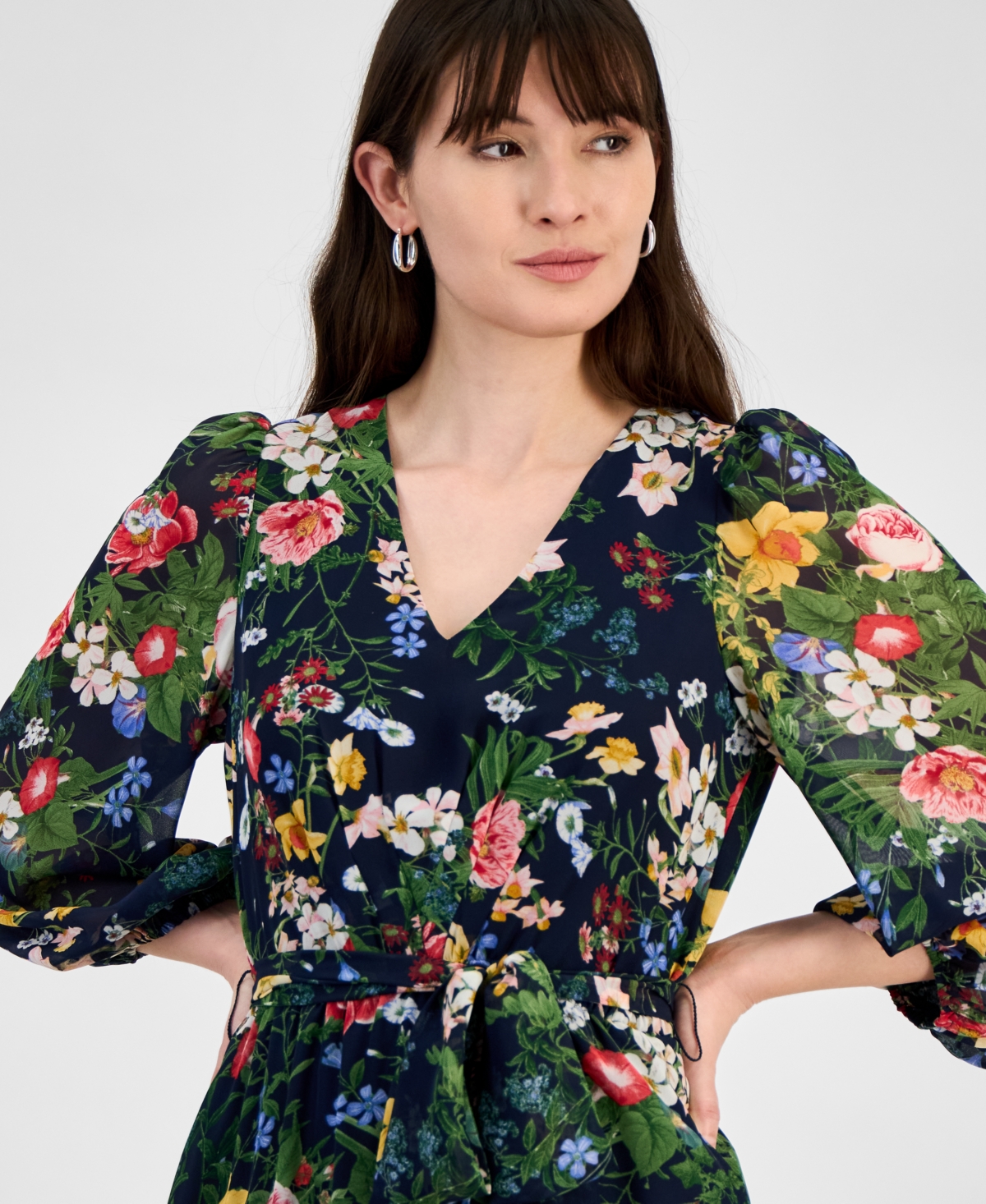 Anne Klein Floral Print Long Sleeve Chiffon Midi Dress In Distant Mountain Multi