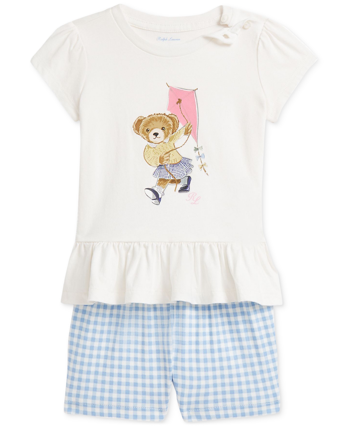 Polo Ralph Lauren Ralph Lauren Cotton Graphic Peplum T-shirt & Gingham Shorts Set In Blue