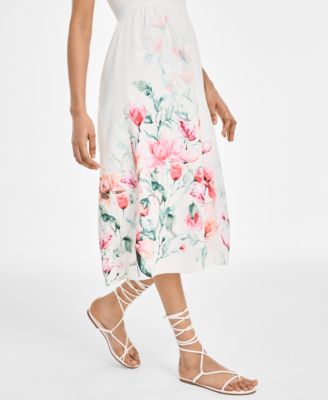 Juniors' Scalloped-Neck Placed Floral Midi Dress