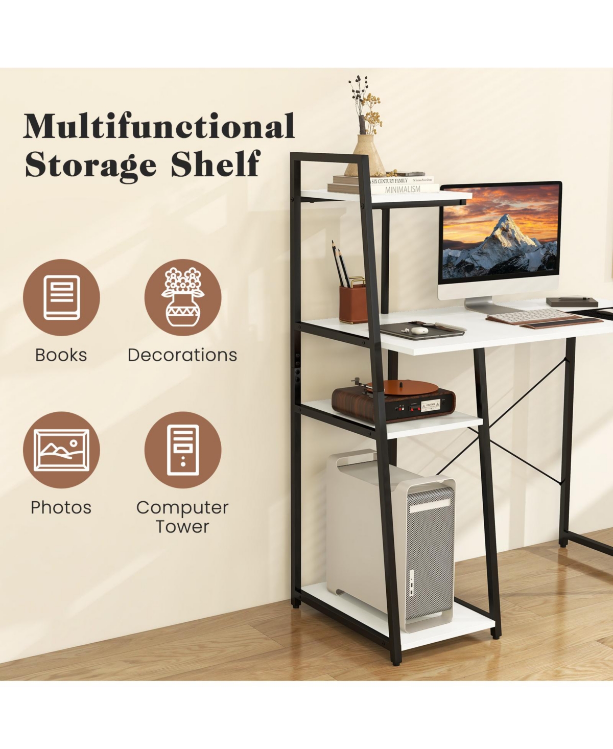 Gouun Compact Computer Desk Workstation with 4 Tier Shelves for Home and Office