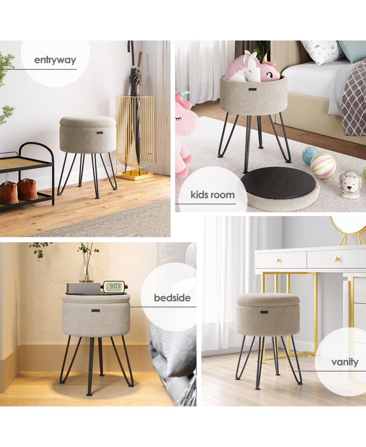 Nestl Modern Boucle Round Ottoman with Hidden Storage – Foot Stool, Makeup Vanity Small Rest, Perfect for Living Room & Bed