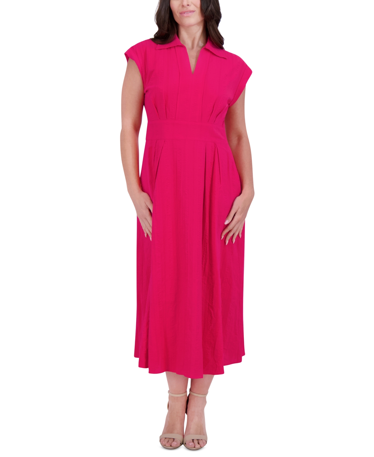 Women's Textured-Stripe Collared Midi Dress - Pink