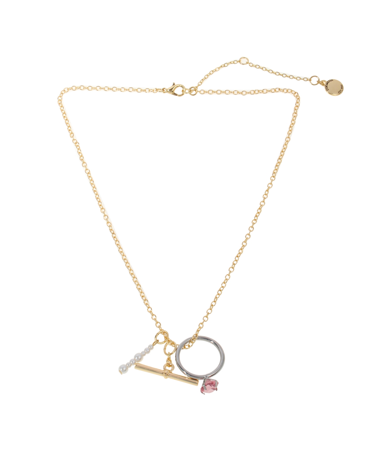 Punk Romance Faux Cultivated Pearl Ring Charm Necklace - Pink, Two Tone