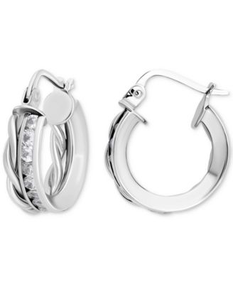 Cubic Zirconia Channel Set & Twist Double Row Small Hoop Earrings in Sterling Silver, 0.59, Exclusively at Macy's