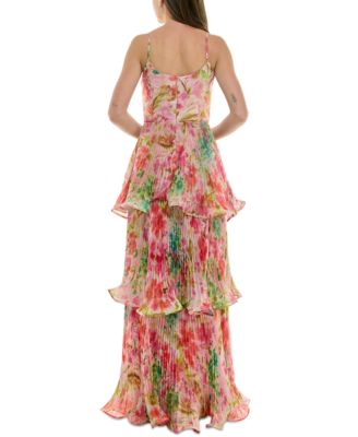 Women's Printed Pleated Tiered Sleeveless Gown