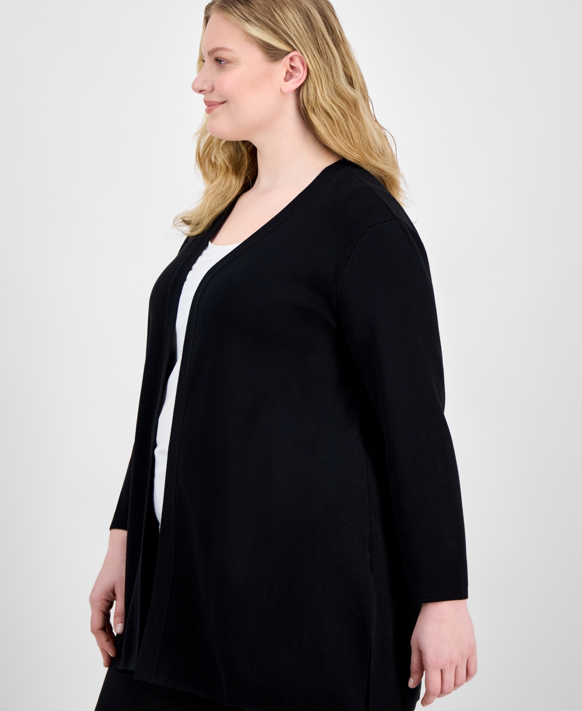 AK ANNE KLEIN PLUS SIZE OPEN-FRONT LONG-SLEEVE SIDE-SLIT CARDIGAN 