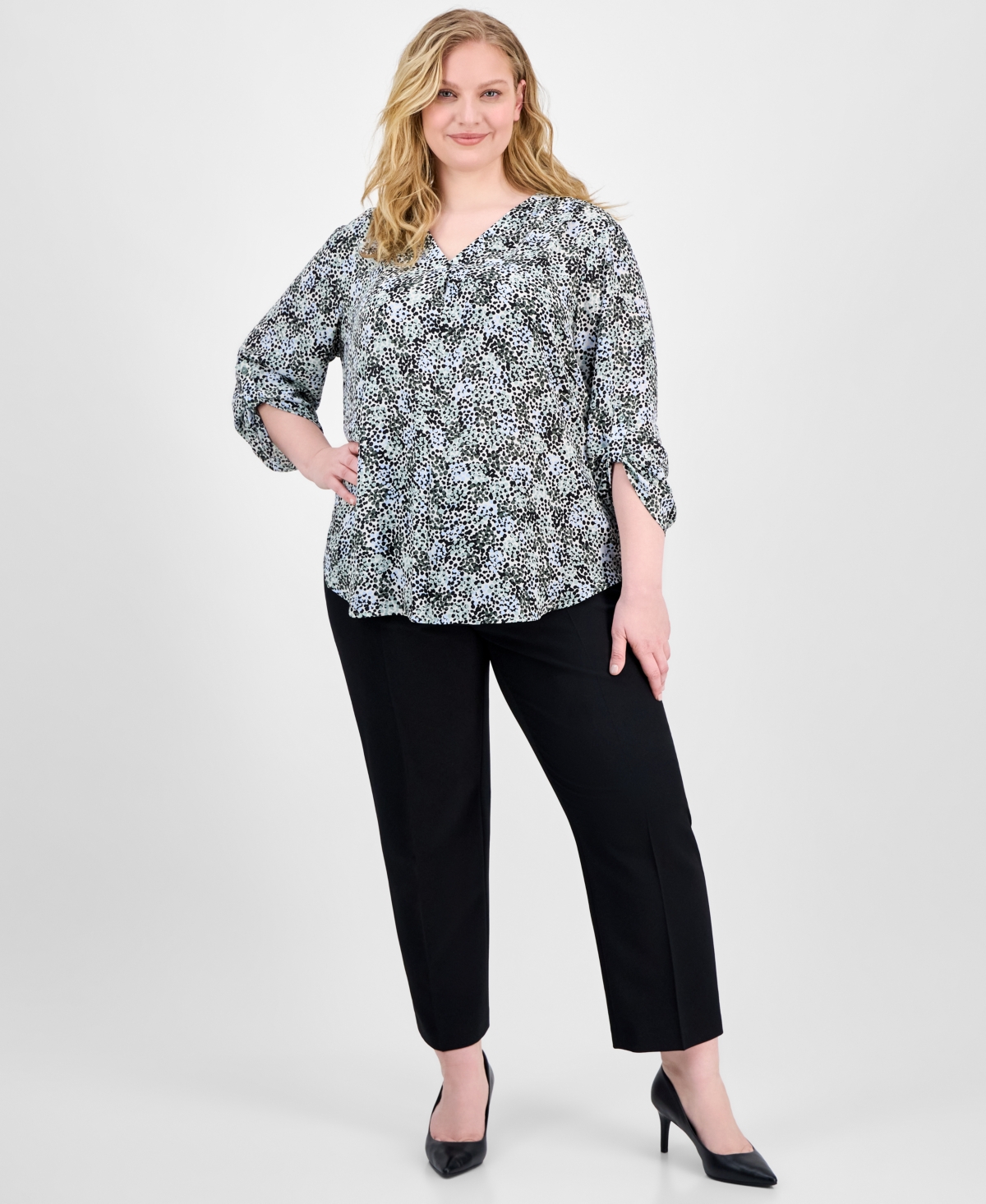 Ak Anne Klein Plus Size Printed Roll-tab-sleeve Tunic In Soft Aloe Multi