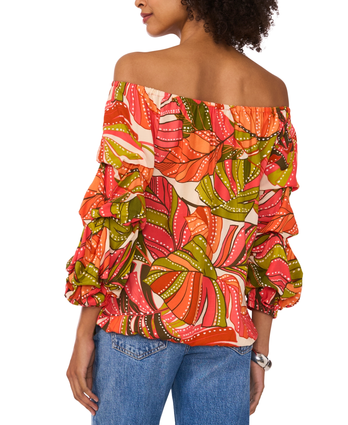 VINCE CAMUTO WOMEN'S TROPICAL-PRINT OFF-THE-SHOULDER BUBBLE 3/4-SLEEVE TIE-FRONT BLOUSE 