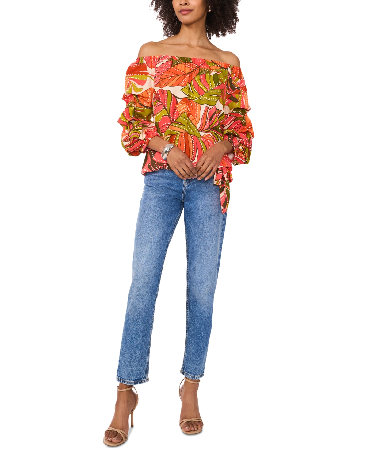 VINCE CAMUTO WOMEN'S TROPICAL-PRINT OFF-THE-SHOULDER BUBBLE 3/4-SLEEVE TIE-FRONT BLOUSE 