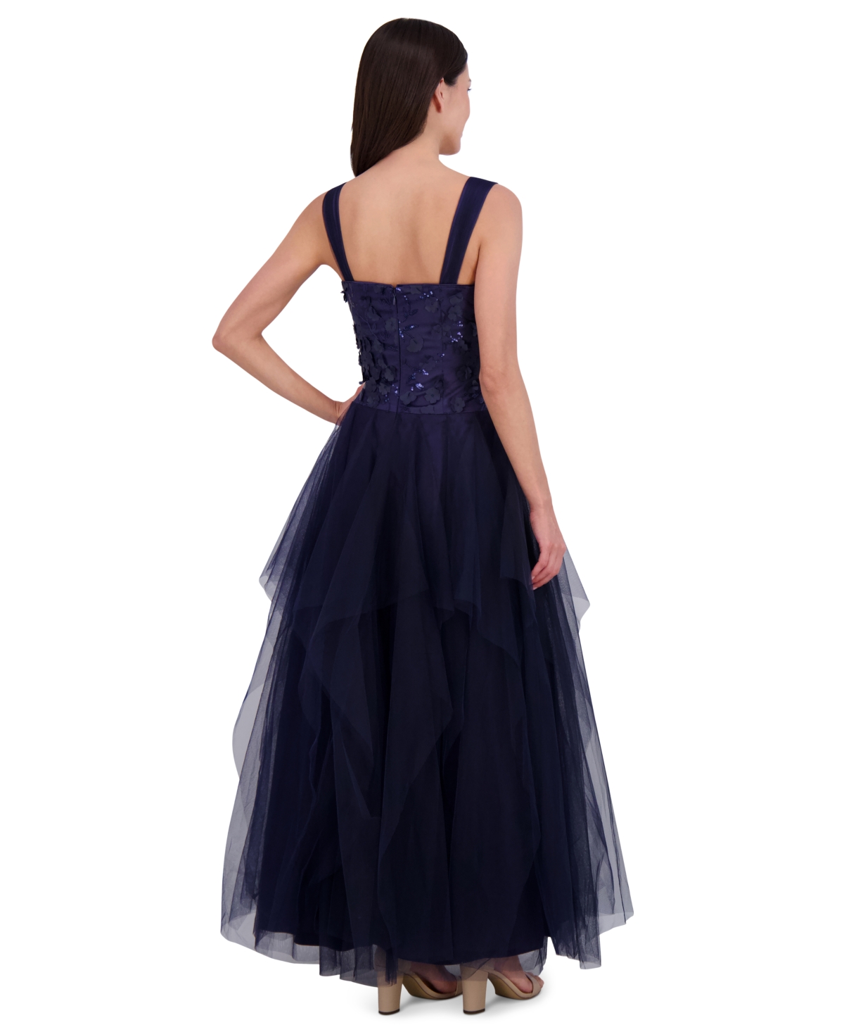 Shop Eliza J Women's Embellished Flower Sleeveless Tulle Gown In Navy