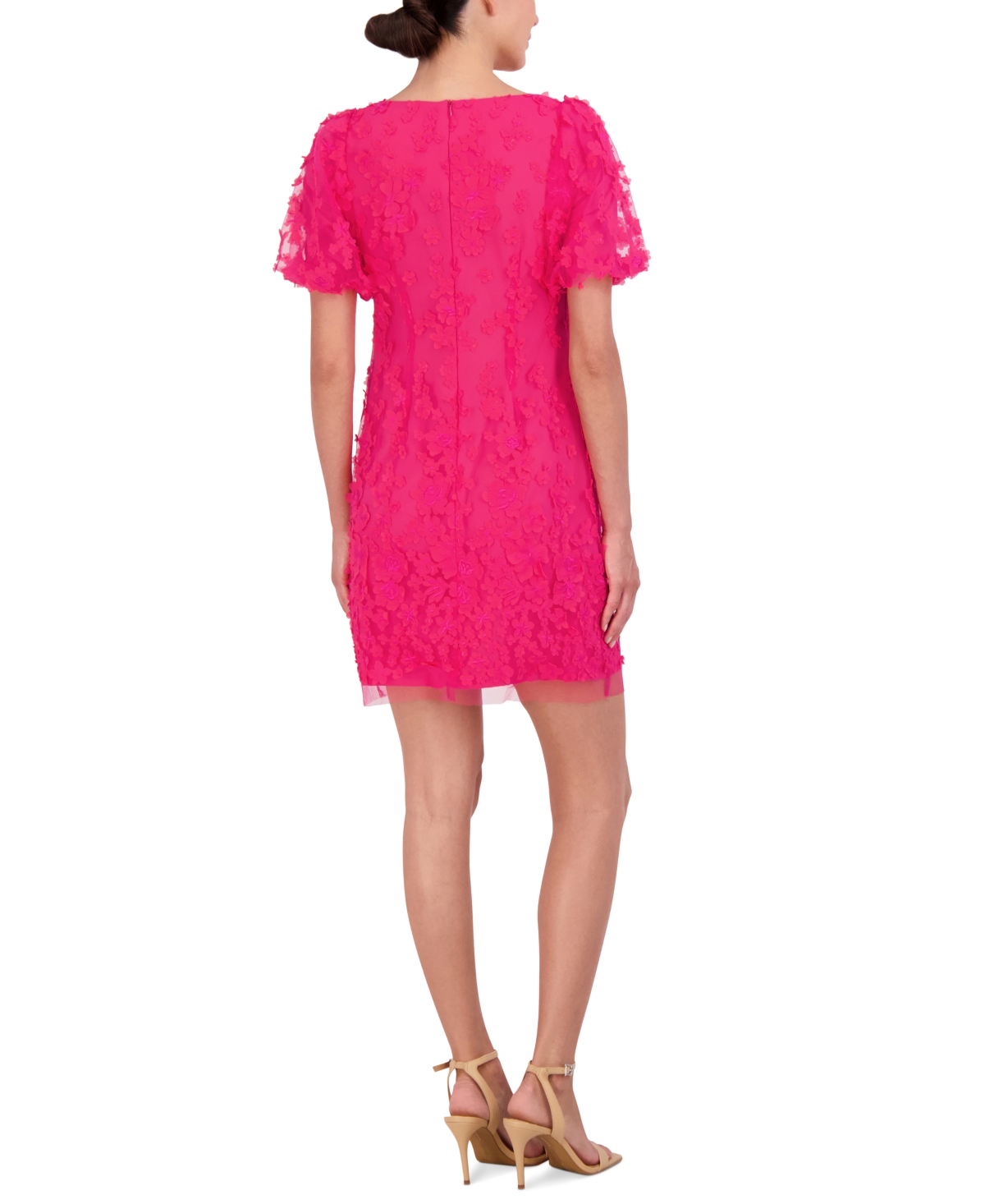 ELIZA J PETITE PUFFED-SLEEVE 3D-FLORAL SHIFT DRESS 