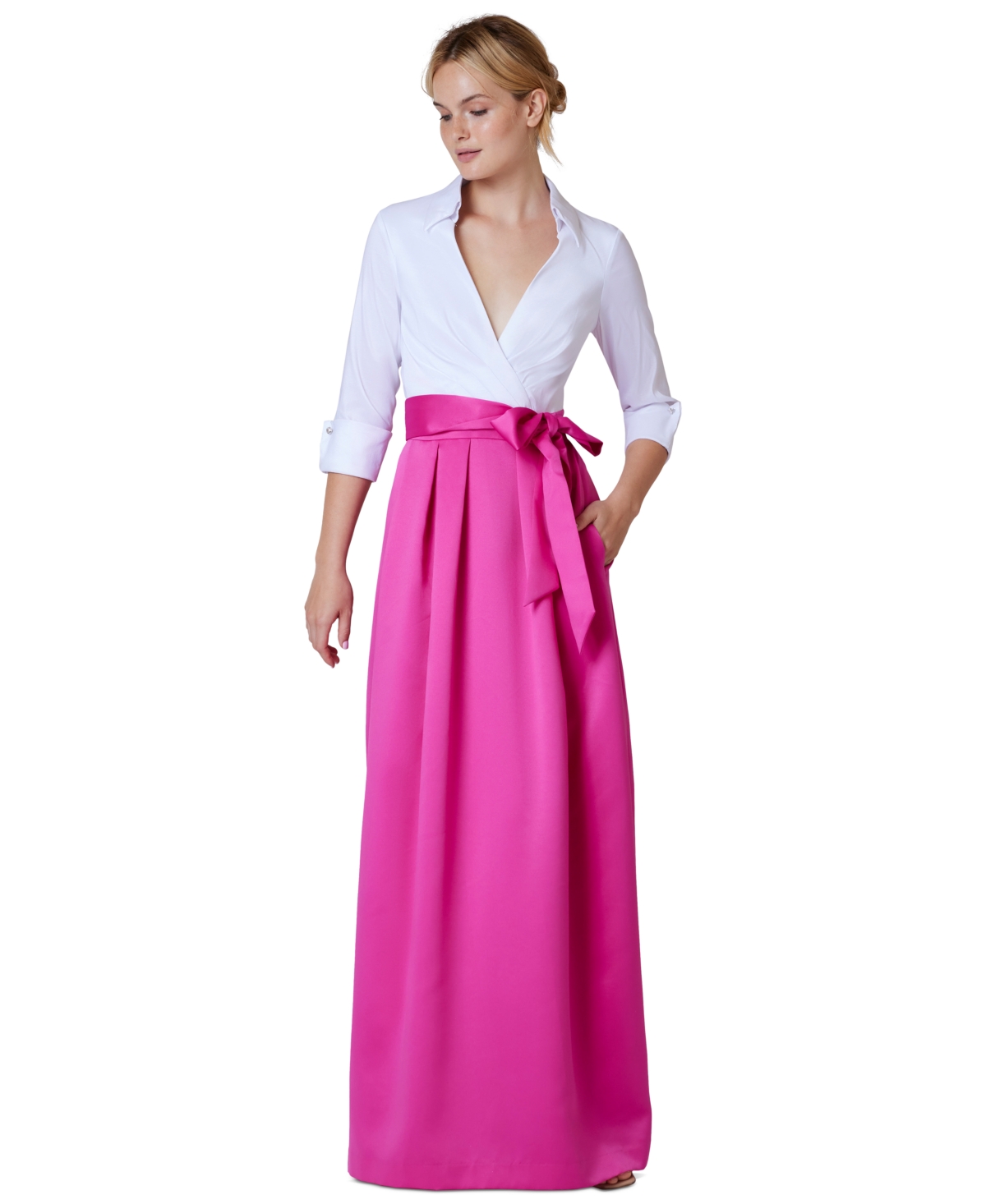 Jessica Howard Women's Colorblocked Collared Evening Gown In Fuschia,white