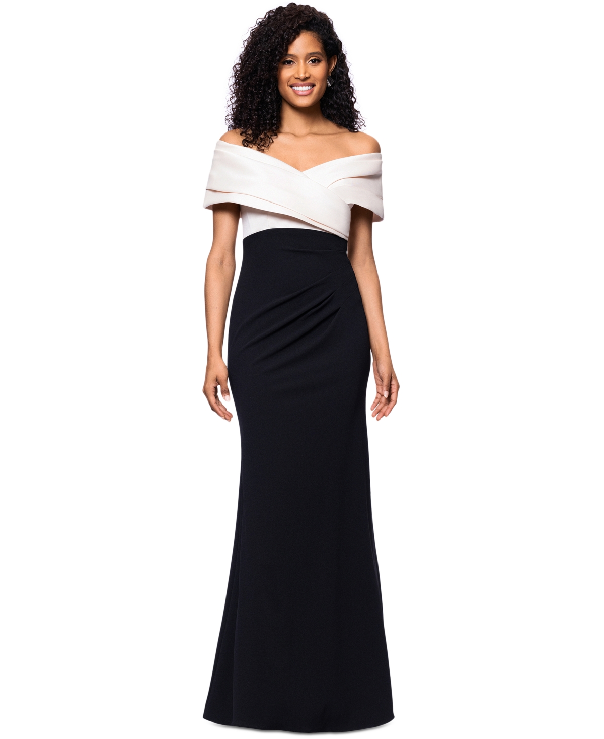 Shop Betsy & Adam Women's Off-the-shoulder Colorblocked Gown In Champagne,black