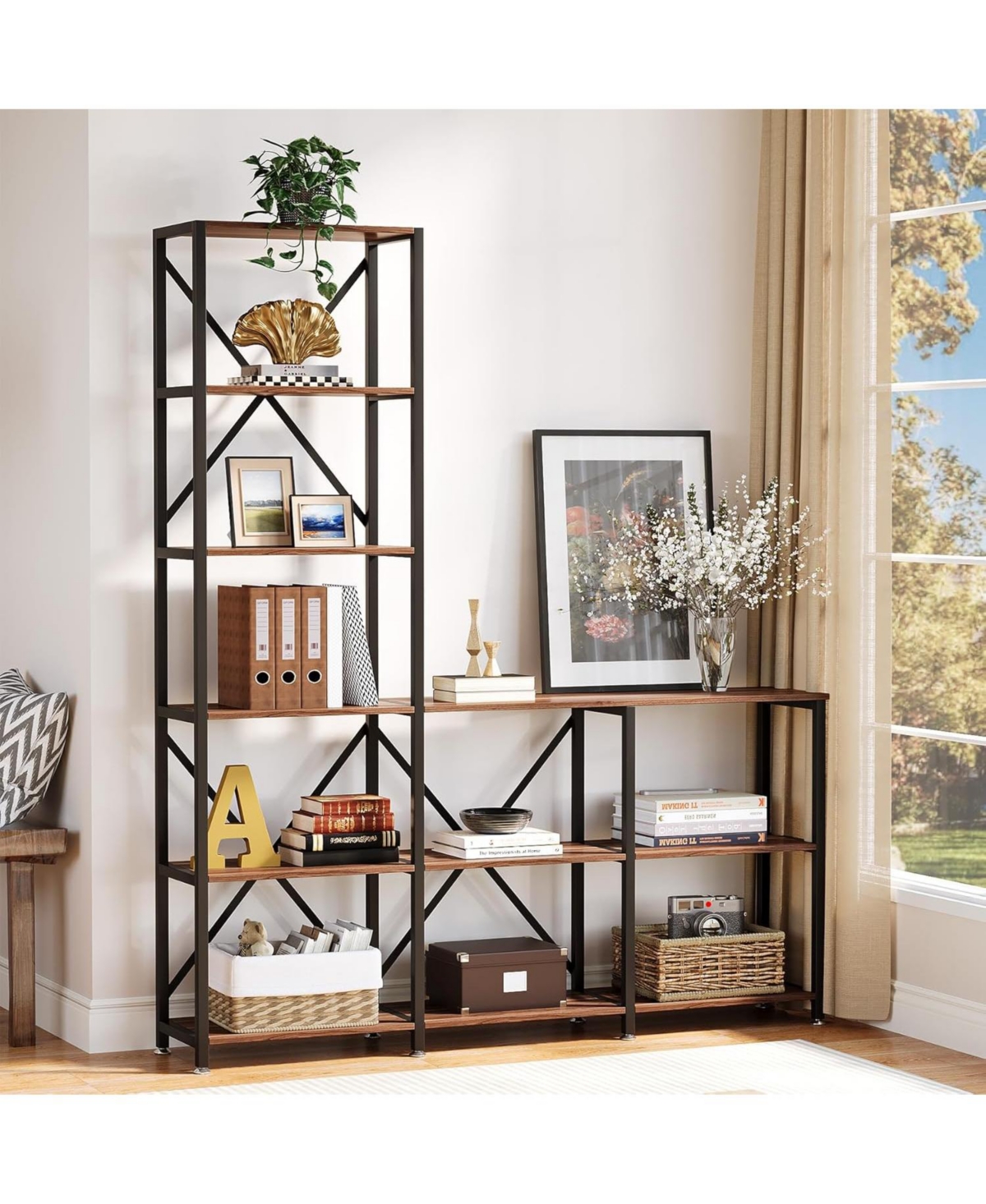 Tribesigns 5-Tier Bookshelves, Industrial Ladder Corner Etagere Bookcase, Rustic Display Open Shelf Storage Organizer for Living Room