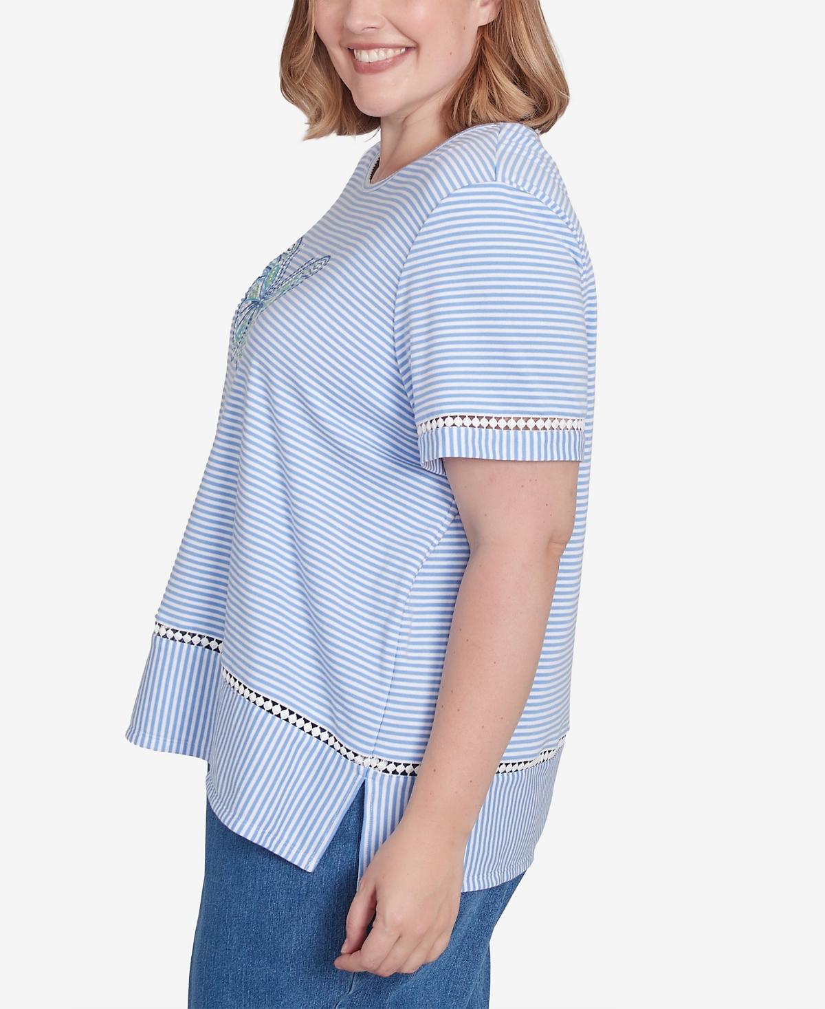 Alfred Dunner Plus Size Classic Striped Butterfly Short Sleeves Tee In Iris