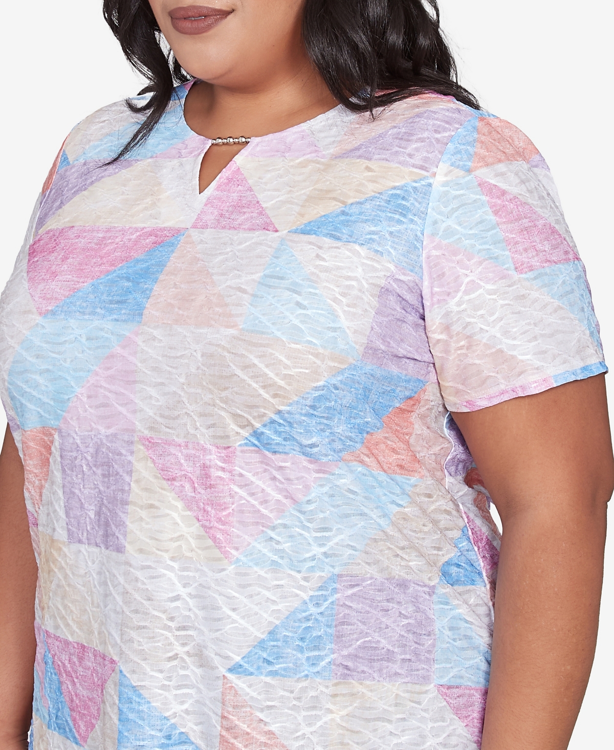 Alfred Dunner Plus Size Geometric Patchwork Crew Neck Top In Pastel