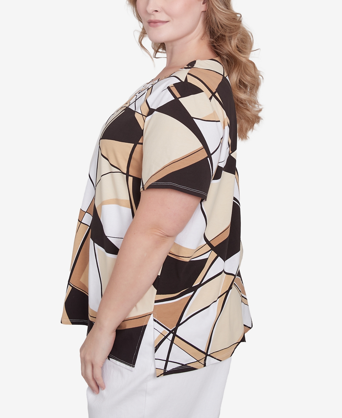 Alfred Dunner Plus Size Geometric Top With Detailed Neckline In Black,tan