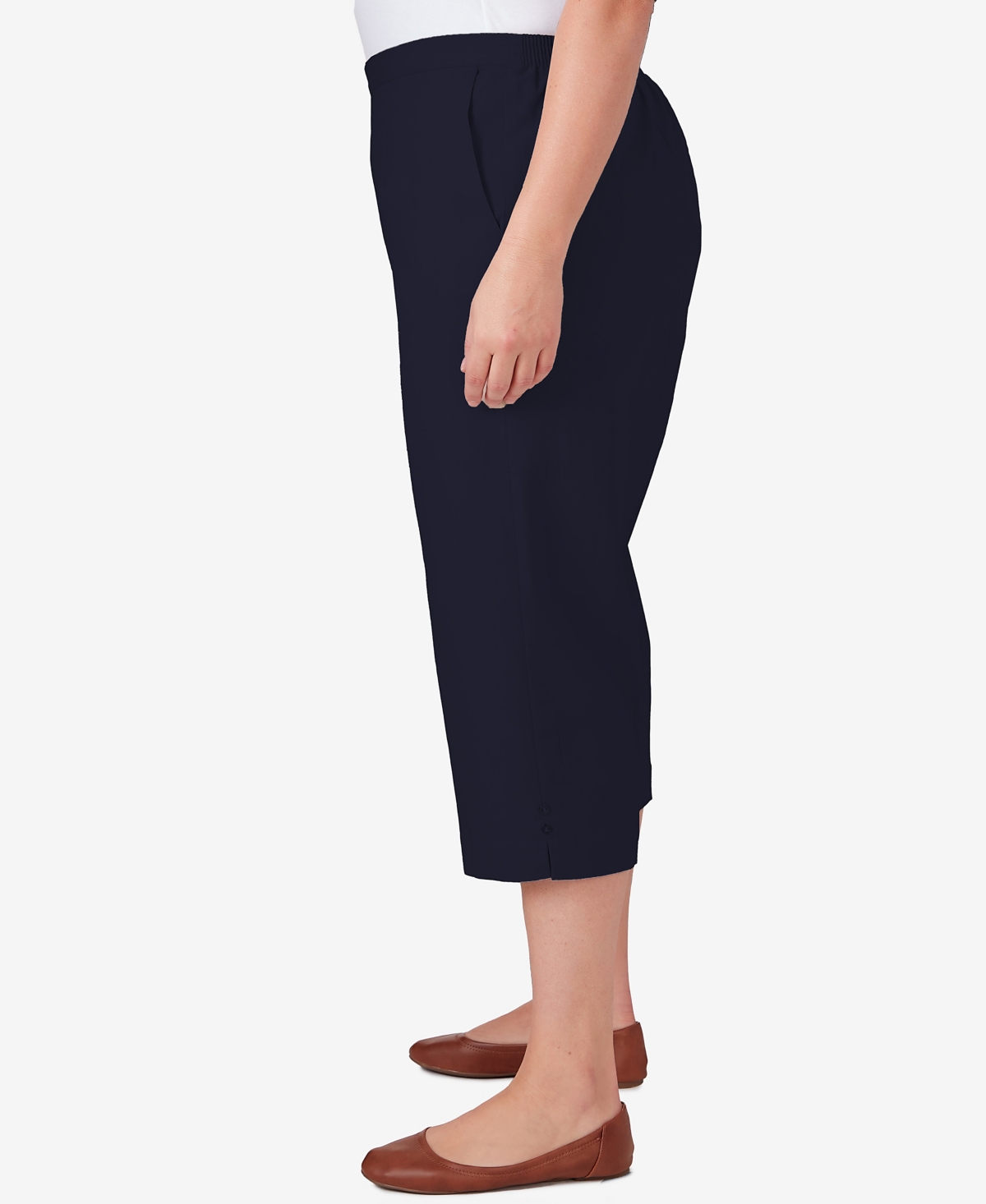 Alfred Dunner Plus Size Classic Stretch Waist Accord Capri Pants With Button Hem In Navy