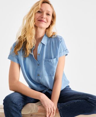 Petite Chambray Short-Sleeve Button Shirt, Exclusively at Macy's