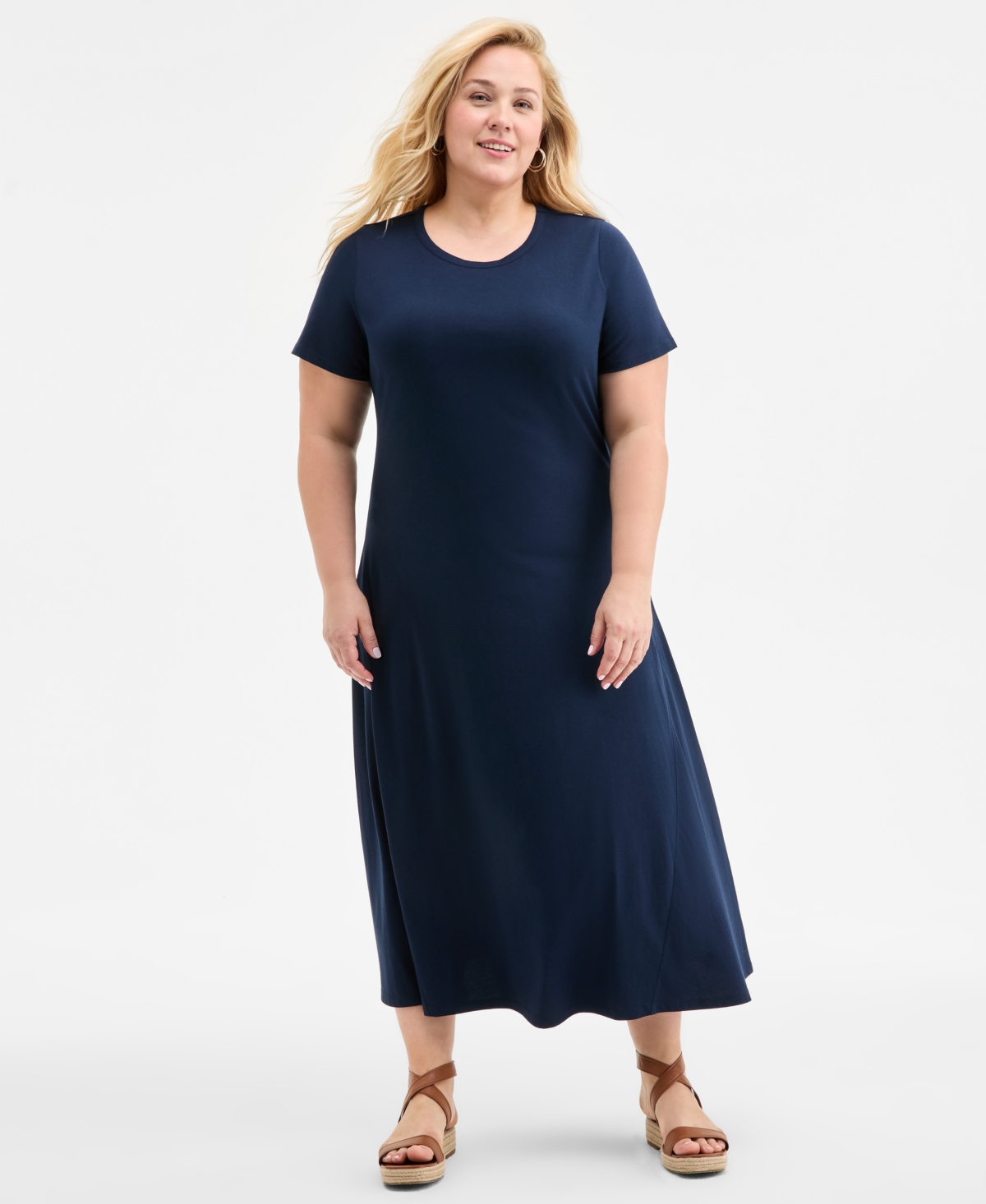 Style & Co Plus Size Solid Short-sleeve Maxi Dress, Exclusively At Macy's In Industrial Blue