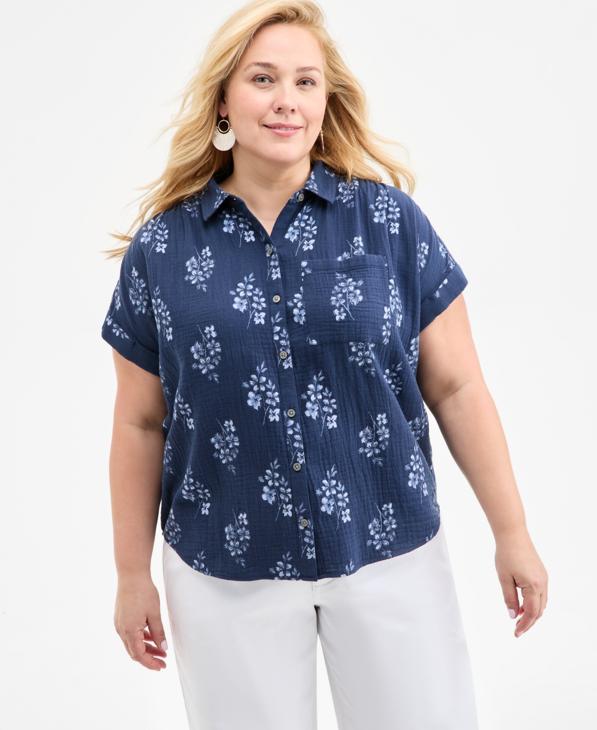 Plus Size Printed Camp Shirt, Exclusively at Macy's - Floral Industrial Blue